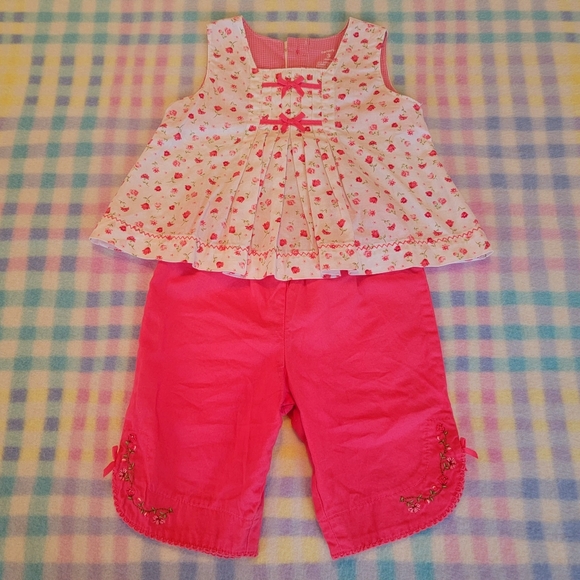 CARTER'S ♡ 2pc Coral 'n White Mini Floral|Bow Top 'n Embroidered Pants Outfit 3M - Picture 1 of 15